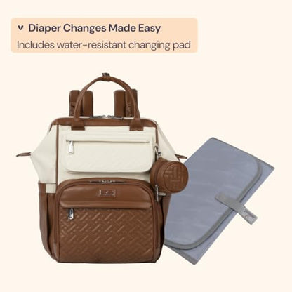 BabbleRoo Leather Diaper Bag Backpack, Multifunction Large Bags with Changing Pad & Stroller Straps & Pacifier Case, Unisex Stylish Travel Back Pack Nappy Changing Bag for Moms Dads (Coffee Cream) - color: Vegan Leather, Coffee Cream