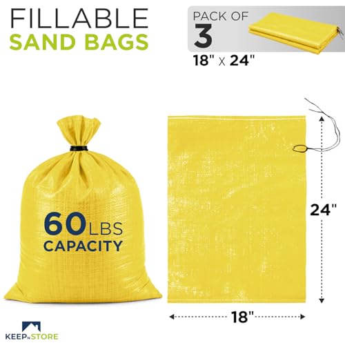 Heavy Duty Sand Bags Pack of 3, Bright Yellow Empty Sandbags with Built-In Ties, Woven Polypropylene UV Protection 1600 Hours, Fillable Bags for Flood Control, Weight, 18x24 inches, 60 Pounds Volume - size: 18"W x 24"L, style: Pack of 3