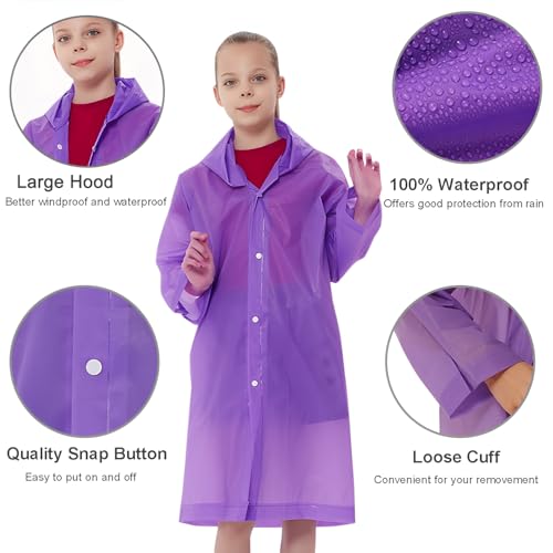 Rain Ponchos Raincoats for Kids, Reusable Boys Girls Rain Jackets Emergency with Hood for Family Disney Travel Outdoor - color: E-purple