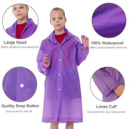 Rain Ponchos Raincoats for Kids, Reusable Boys Girls Rain Jackets Emergency with Hood for Family Disney Travel Outdoor - color: E-purple