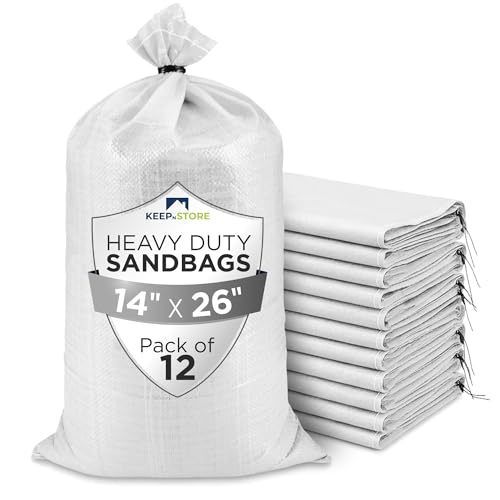 Heavy Duty Sand Bags Pack of 12, White Empty Sandbags with Built-In Ties, Woven Polypropylene UV Protection 1600 Hours, Fillable Bags for Flood Control, Weight, 14x26 inches, 50 Pounds Volume - size: 14"W x 26"L, style: Pack of 12