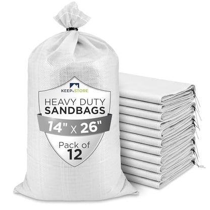 Heavy Duty Sand Bags Pack of 12, White Empty Sandbags with Built-In Ties, Woven Polypropylene UV Protection 1600 Hours, Fillable Bags for Flood Control, Weight, 14x26 inches, 50 Pounds Volume - size: 14"W x 26"L, style: Pack of 12
