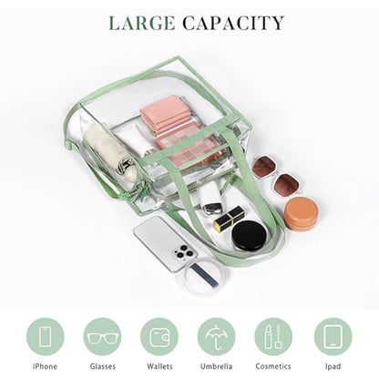 BAGAIL Clear Bags 12x6x12 Stadium Approved Clear Tote Bag with Zipper Closure Crossbody Shoulder Bag with Adjustable Strap - color: Matcha Green