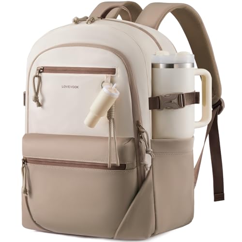 LOVEVOOK Laptop Backpack with Cute Pendant, 15.6 Inch Travel Work Backpack Computer Laptop Bag with Large Cup Holder,Waterproof Nurse Teacher College Backpack Purse,Gifts for Women & Men,Khaki-Beige - color: Khaki - Beige, size: 15.6 Inch
