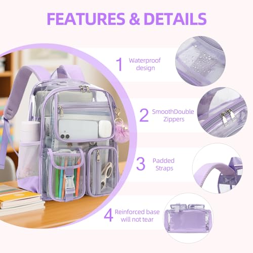 Clear Backpacks for Girls Women, Heavy Duty PVC Transparent School Bookbag See Through Back Pack for College Work Travel (Light Purple) - color: Light Purple