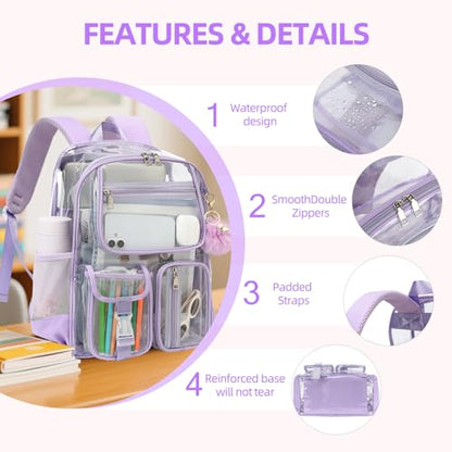 Clear Backpacks for Girls Women, Heavy Duty PVC Transparent School Bookbag See Through Back Pack for College Work Travel (Light Purple) - color: Light Purple