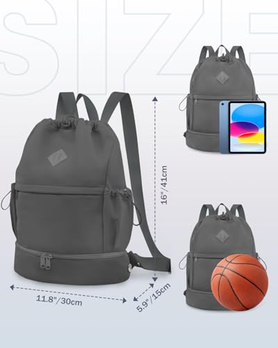 RHDZO Drawstring Backpack Sports Gym Bag with Shoe Compartment and Wet Pocket String Swim Bag for Women Men Beach Backpack, Dark Gray - color: Dark Gray