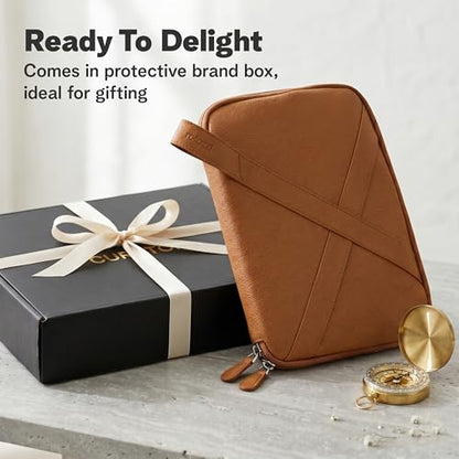 rofozzi Vegan Leather Travel Tech Pouch, Electronics & Cable Case Organizer with Padded 11-Inch Tablet Sleeve and Passport Pockets - color: Caramel