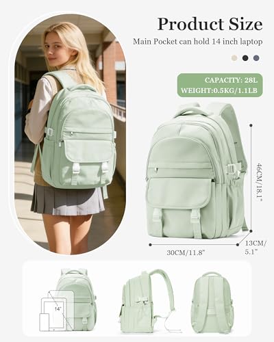 Waterproof Aesthetic Backpack For School, Cute High School Bookbag For Teen Girls Boys, Lightweight Casual Daypack Backpack For Women Men, College Backpack With Lots Of Pockets（MintGreen） - color: Mintgreen