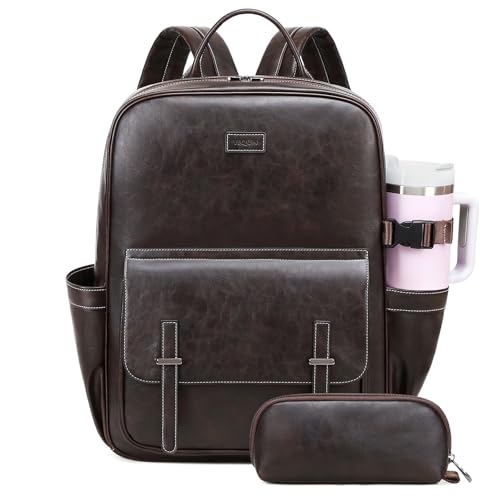 Vegan Leather Laptop Backpack for Women Designer 15.6 Inch PU Laptop Bag, Ladies Travel Computer Work Backpack - color: Deep Coffee