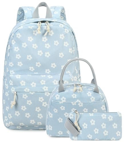 Bluboon School Backpack Set Girls Womens Laptop Bookbag Casual Daypack Fits 15 inch Laptop with Lunch Tote Bag and Pencil Bag - color: White Little Flower 95