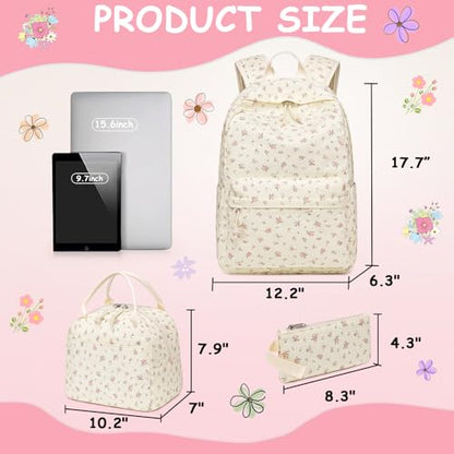 CAMTOP Girls Backpack with Lunch Box Set, Cute Bow School Backpack for Kids, 3-in-1 Lightweight Lunch Bag and Pencil Pouch - color: Flower-beige