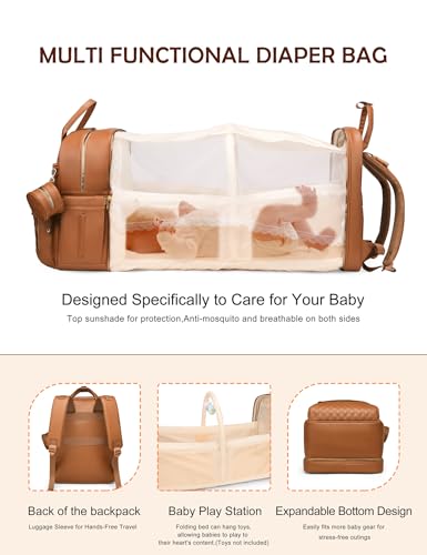 Diaper Bag Backpack with Changing Station, Waterproof for Travel, Vegan Leather, Brown - color: Brown