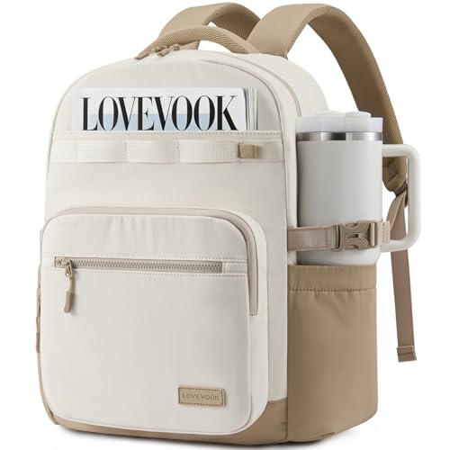 LOVEVOOK Laptop Backpack for Women with 40oz Tumbler Holder, Lightweight School Backpack Fits 15.6 Inch Laptop, Cute College Backpack for Work, Travel & Daily Commute - color: White/Khaki, size: 15.6 Inch
