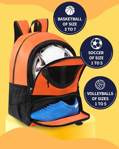 Basketball Bag Backpack for Men Women with Ball & Shoes Compartment 30L Capacity Lightweight Breathable Boys Girls Soccer Ball Bag Backpack Fit Volleyball Football Sports Travel School Gym - color: TK8Orange