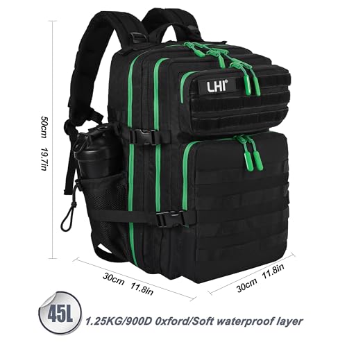 LHI Military Tactical Backpack for Men and Women 45L Army 3 Days Assault Pack Bag Large Rucksack with Molle System - Black with green zipper - color: 1.0 Black With Green Zipper