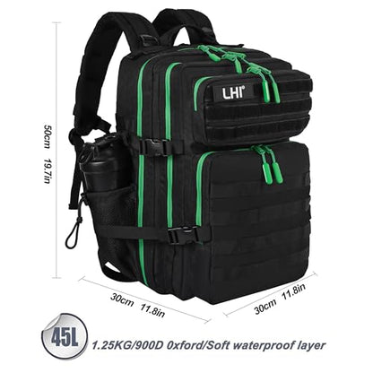 LHI Military Tactical Backpack for Men and Women 45L Army 3 Days Assault Pack Bag Large Rucksack with Molle System - Black with green zipper - color: 1.0 Black With Green Zipper