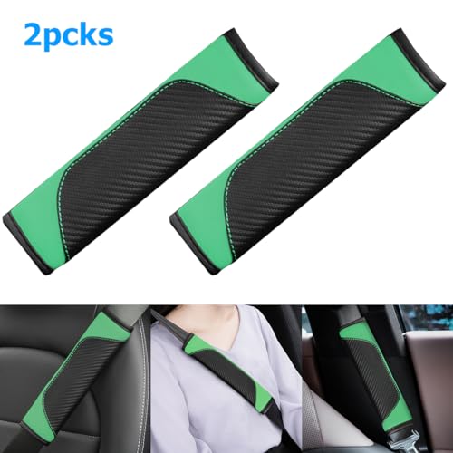 AUCELI 2PCS Car Seat Belt Cover, Carbon Fiber Seatbelt Shoulder Strap Covers, Breathable Leather Soft Harness Pad Protect Your Neck and Shoulder Compatible with Cars - color: Black/Light Green