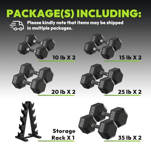 HANDBODE Hex Dumbbell Sets with Rack, 100-165 lb Rubber Encased Dumbbells for Strength Training, Exercise & Fitness, Home Gym Weight Set with Rack - style: 210 lb (10, 15, 20, 25, 35 lb) X 2 & Rack