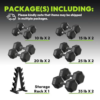 HANDBODE Hex Dumbbell Sets with Rack, 100-165 lb Rubber Encased Dumbbells for Strength Training, Exercise & Fitness, Home Gym Weight Set with Rack - style: 210 lb (10, 15, 20, 25, 35 lb) X 2 & Rack