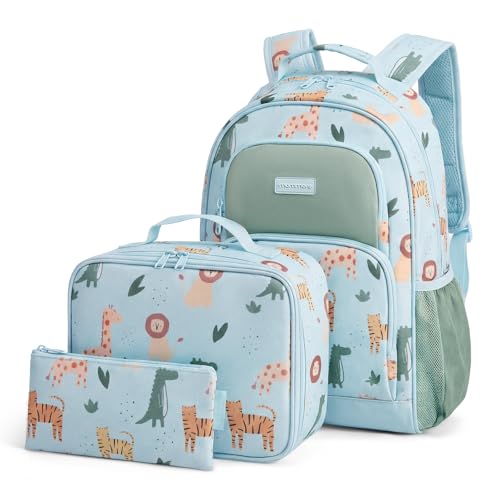 mommore Kids Backpack for Boys Girls 4-8 Kindergarten Elementary School Backpack with Lunch Box - 15” H Fit Folder - color: Animals Print, style: 3 Pcs
