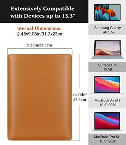 MoKo Laptop Sleeve Compatible with 13/13.6" MacBook Air M2/M1/ Pro M1 13.3 2022-2018, Surface Pro 9/8, PU Leather Notebook Computer Briefcase Carrying Bag Slim Stylish Case Pouch, Brown - color: Brown, size: 13.3 inch