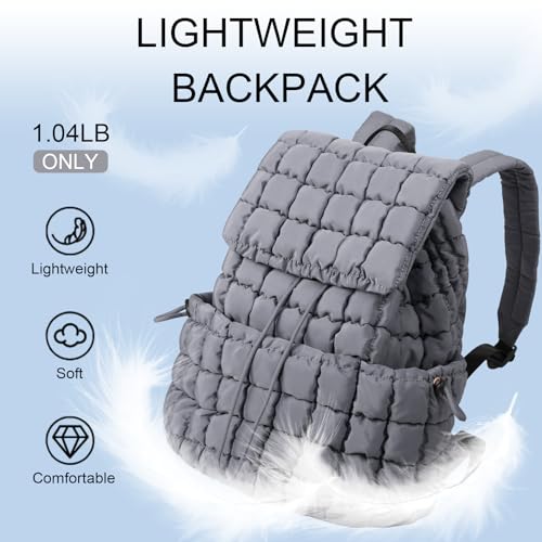 XSUIOY Quilted Backpack Purse for Women Small Lightweight Puffer Puffy College Laptop Backpack Nylon Casual Bookbag Daypack Top Flap Drawstring Padding Hiker Travel Gym Backpack(Grey) - color: Grey