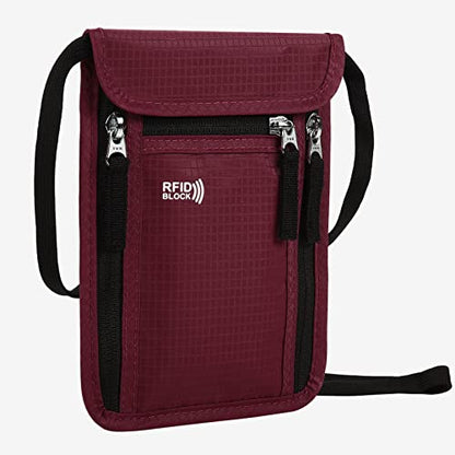 Travel Pouch Neck Wallet Family Passport Holder Organizer Case with RFID Blocking | Family Passport Holder - color: Wine Red