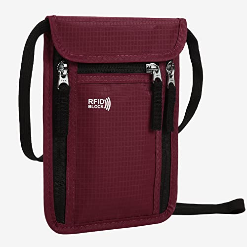 Travel Pouch Neck Wallet Family Passport Holder Organizer Case with RFID Blocking | Family Passport Holder - color: Wine Red