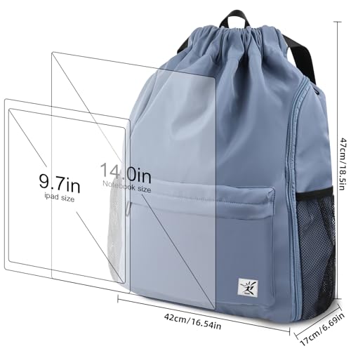 Drawstring Backpack with Mesh Pockets String Gym Bag Sackpack Sandproof Water Resistant Beach Backpack for Men Women - color: Slate Gray