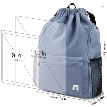 Drawstring Backpack with Mesh Pockets String Gym Bag Sackpack Sandproof Water Resistant Beach Backpack for Men Women - color: Slate Gray