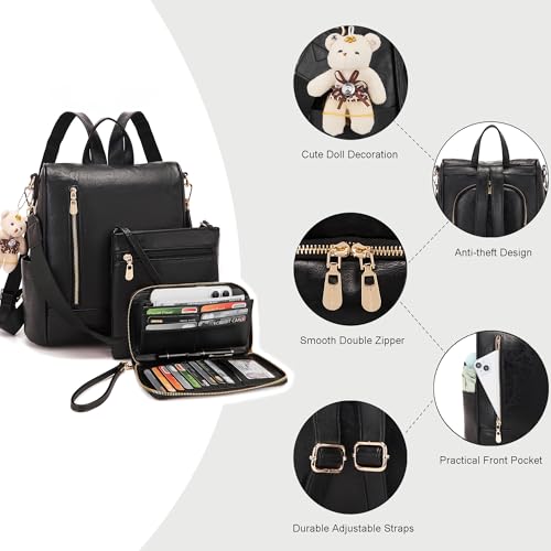 Soperwillton Women Fashion Backpack Purse Anti-Theft Leather Shoulder Bag Travel Multi Pockets Handbag Wallet Set 3pcs - color: Black