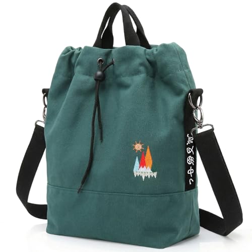 Togood Canvas Crossbody Bag for Women Tote Bags Casual Shoulder Hobo Purse with Embroidery,Vintage Boho Work Travel Everyday - color: Blackish Green