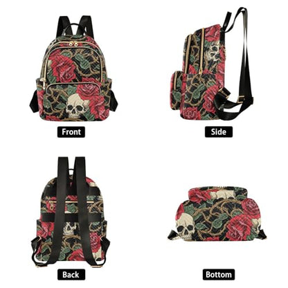 susiyo Gothic Rose Skull Print Backpack for Women Red Black Gold 14L Bag Romantic Halloween Ladies Backpacks Travel Casual Daypack - color: Red Black Gold, size: Medium