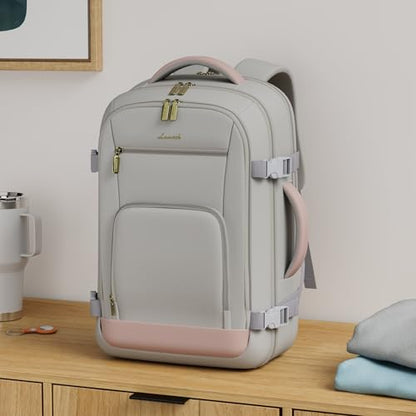 LOVEVOOK Travel Backpack For Women, 40L Carry On Backpack Flight Approved, TSA Personal Item Travel Bag Fits 17 Inch Laptop, Business Weekender Overnight Waterproof Daypack With 2 Cubes, Grey-Pink - color: Pink-grey, size: 40l-17.3 Inch-3pcs