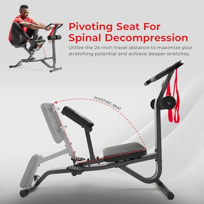 Sunny Health & Fitness Full Body Stretch Machine for Home Gym, Back Stretcher & Flexibility Trainer with Pivoting Seat, Foam Rollers, Safety Straps, Handlebar & SunnyFit App - color: Black