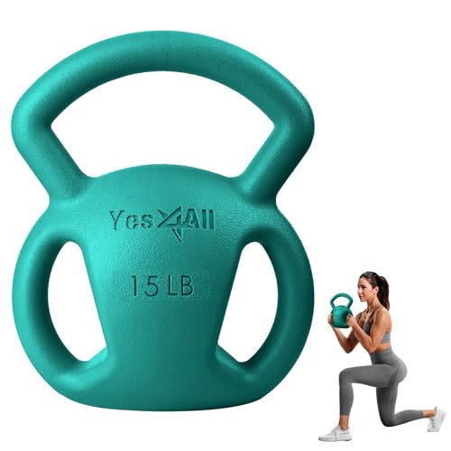 Yes4All Kettlebell, Strength Training Kettlebells for Women, Wide Multi-grip Textured Handle for Home Gym Exercises & Full Body Workout, Single 5–25 lb & Set of 10-15 lb - color: C. 15LB - Green, style: A. Single