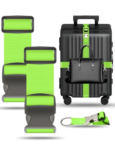 BILIONE 2 Pack Luggage Straps for Suitcases Adjustable Bright Nylon Belt to Identify, with Add A Bag Strap, Travel Essentials for Air Flying - color: Green
