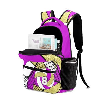 Volleyball Rose Purple Gold Shoulders Bags Daypack with Name Personalized School Bookbag for Sports Party Traveling - color: Volleyball Rose Purple Gold