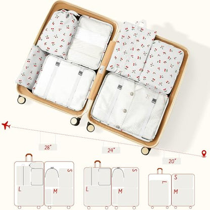 9 Set Packing Cubes for Travel Essentials - Lightweight Carry-On Luggage Organizer Bags with Shoe, Clothes & Laundry Bags for Airplane, Family & Business Travel, White Cherry - color: White Cherry