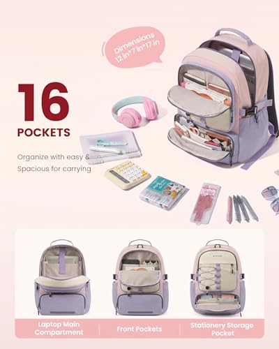 LOVEVOOK School Backpack for Teen Girls, Unique Style College Student Backpacks with Large Cup Holder, Cute Kid Bookbag with Pens Compartment, Large Capacity Back to School Backpack Fit 15.6'' Laptop - color: Purple Pink Beige, size: Medium
