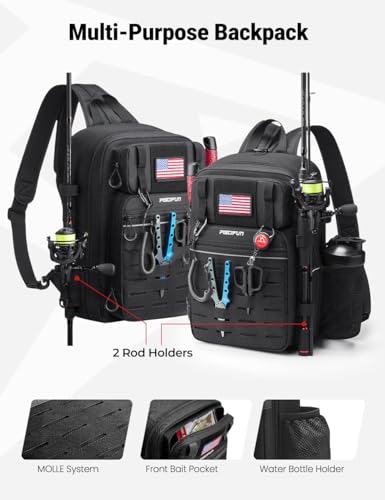 Piscifun Fishing Backpack Tackle Bag with 2 Rod Holders, Multi-Compartment Storage, MOLLE System, Water-Resistant Lightweight Outdoor Pack - color: Double Shoulder - Black, style: Large