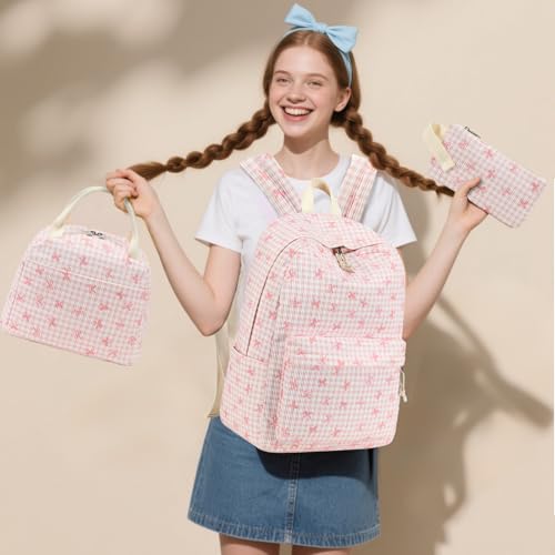 LEDAOU Backpack for Girls School Bag Kids Bookbag Teen Backpack Set Daypack with Lunch Bag and Pencil Case | Kids - color: Pink Bowtie