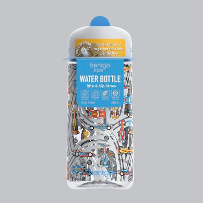Bentgo Kids Water Bottle - Leak-Proof, Durable Tritan PFAS- & BPA-Free 15 fl oz, Kids/Toddlers Ages 3+ for School & Sports; Bite & Sip Spout, Carrying Handle, Dishwasher Safe (NEW Race Cars) - color: Race Cars
