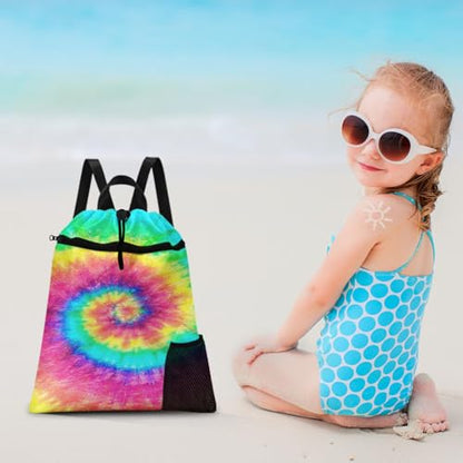 Tie Dye Drawstring Backpack, 15” x 17” Waterproof Swim Bag for Beach Swimming Pool, Lightweight Foldable Gym Bag with Water Bottle Holder for Sports Travel - color: Tie Dye