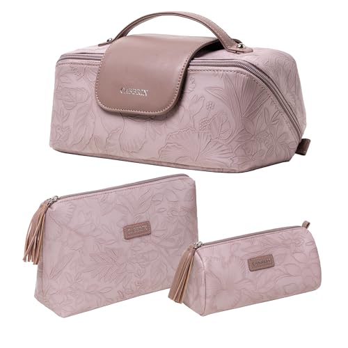 Cabbrix Travel Makeup Bag, Extra Large Capacity 3 Pcs Set Cosmetic Bag for Women, Waterproof PU Leather, Flat Open Portable Toiletry Bag for Skincare, Brushes & Travel Essentials (Purple) - color: Purple