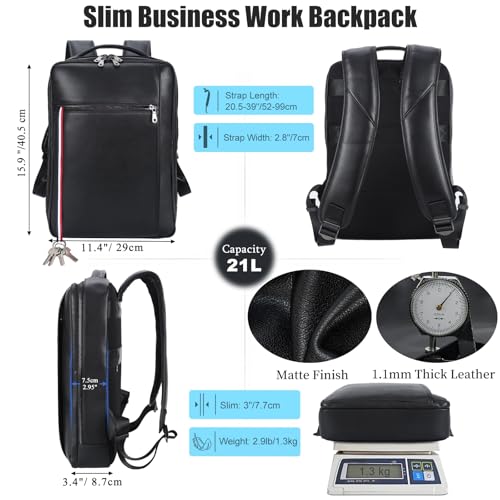 Masa Kawa Slim Genuine Leather Business Backpack 15.6" Laptop Bag for Men Women Office Work Travel Small Thin Computer Casual Daypack, Black