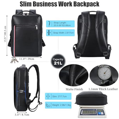 Masa Kawa Slim Genuine Leather Business Backpack 15.6" Laptop Bag for Men Women Office Work Travel Small Thin Computer Casual Daypack, Black