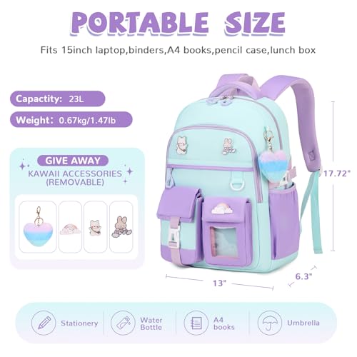 Girls Backpack, Lightweight Kids Backpack Kawaii School Backpacks Bookbag for Primary Elementary School,Age 6-14 years,Black Match Purple (Luggage Strap Ver) - color: 1pc-green & Purple(luggage Strap Ver)