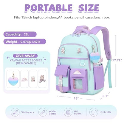 Girls Backpack, Lightweight Kids Backpack Kawaii School Backpacks Bookbag for Primary Elementary School,Age 6-14 years,Black Match Purple (Luggage Strap Ver) - color: 1pc-green & Purple(luggage Strap Ver)